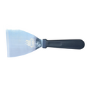 A WPPO Utility knife for dough, from WPPO LLC Direct, featuring a black handle and a blade with a flame logo and the words "GRIT FIRED UP," lies flat on a light surface.