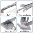 Four panels show NULU Safety Gloves by NULU Inc. being twisted (soft), stretched (tear resistance), cut with a knife (level 5 cut resistance), and stabbed (anti-pinch), demonstrating their durability and reliable kitchen hand protection.