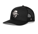 A black mesh-back “Haka Hat JBR Silver Logo” Metallic Leather Snapback by Haka Hat, featuring a white embroidered stylized hat and letter B logo on the front.