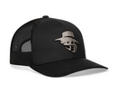 Introducing the Haka Hat JBR Silver Logo Metallic Leather Snapback by Haka Hat—a black mesh trucker hat with a curved bill, featuring an embroidered silver logo of a stylized masked face wearing a hat on the front left panel.