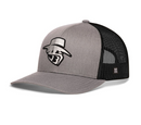 Introducing the Haka Hat JBR Silver Logo Metallic Leather Snapback by Haka Hat—a gray and black trucker hat featuring a mesh back and a metallic leather front panel adorned with a stylized cowboy hat and “B” logo.