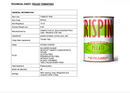 A technical sheet presents details for Taycte Famiglia Crispino Italian Whole Peeled Tomatoes — Calabrian Grown, including ingredients, origin, main properties, and storage information. Beside the text is a can labeled Taycte Crispino, featuring authentic Calabrian tomatoes ideal for pizza sauce.