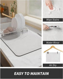 A Lovely Home Icon Coffee Machine Mat with rubber backing is displayed on a kitchen counter—being wiped clean, rinsed under water, and air dried on a hanger. Like modern home decor or easy-care polyester table mats, the water-absorbent dish drying pad is easy to maintain. Text reads: EASY TO MAINTAIN.