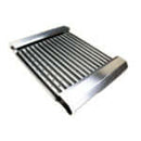 A metal rolling rack with parallel cylindrical bars and raised sides, similar in design to the Smokin Brothers SearMate by Smokin Brothers, is typically employed for moving or sorting items in warehouses or factories.