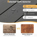 Water beads on the gray, weather-resistant HDPE of the Square Adirondack Side Table 14″ Weather-Resistant HDPE by DirectDeals. Icons show sun, fade, and water resistance—unlike cracked wood and rusted metal alternatives.