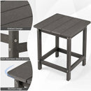 The DirectDeals Square Adirondack Side Table 14″ Weather-Resistant HDPE features a slatted top, rounded edges, sturdy legs, and stainless steel screws for durability. Insets showcase its slatted design and smooth edges.
