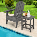 A dark gray Adirondack chair and the DirectDeals Square Adirondack Side Table 14″ Weather-Resistant HDPE sit poolside, holding cake, a teacup, and flowers, with green grass and trees in the background.