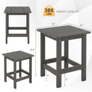 Square Adirondack Side Table 14″ Weather-Resistant HDPE by DirectDeals, shown from three angles. Slatted top, 14x14x18.5″, supports up to 385 lbs. Images highlight tabletop and leg heights.