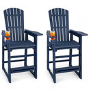 The DirectDeals Outdoor Bar Stool Set of 2 with Backrest and Armrests 29″ features navy blue Adirondack-style stools, each holding a plastic cup with an orange drink and ice, shown side by side on a white background.