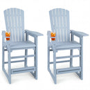 Two light blue DirectDeals Outdoor Bar Stool Set of 2 with Backrest and Armrests 29″, each holding a clear cup of iced tea with lemon on the right armrest, stand against a plain white background.