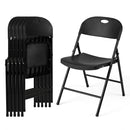 Six black Foldable Plastic Dining Chairs Set of 6 with Ergonomic Backrest by DirectDeals are shown: five stacked on the left, one unfolded on the right. Each has a space-saving design and handle hole at the top.