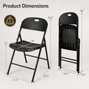 DirectDeals Foldable Plastic Dining Chairs Set of 6 with Ergonomic Backrest shown: one open, one folded. Supports up to 330 lbs, space-saving design, and dimensions labeled for both positions.