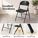DirectDeals Foldable Plastic Dining Chairs Set of 6 with Ergonomic Backrest shown. Insets highlight sturdy triangular frame and non-slip foot pads. “Excellent Sturdiness” text at top left. Plant decorates the background.