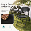 DirectDeals Foldable Plastic Dining Chairs Set of 6 with Ergonomic Backrest are arranged around an outdoor table, featuring a waterproof, easy-to-clean surface—perfect for space-saving and convenient seating.