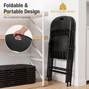 Four Foldable Plastic Dining Chairs Set of 6 with Ergonomic Backrest by DirectDeals lean against a wall, highlighting their 6.5 lbs weight, space-saving foldability, ergonomic backrest, and handy carrying handle.