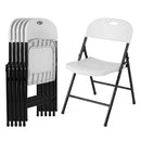 Six white Foldable Plastic Dining Chairs Set of 6 with Ergonomic Backrest by DirectDeals are shown—four stacked, one unfolded—offering ergonomic, space-saving seating with sturdy black metal legs.