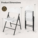 Two white Foldable Plastic Dining Chairs Set of 6 with Ergonomic Backrest by DirectDeals are shown, one open and one folded. Seat: 17.5″W x 15.5″D x 30.5″H; supports up to 330 lbs for space-saving seating.