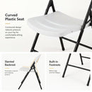The DirectDeals Foldable Plastic Dining Chairs Set of 6 features a curved seat, ergonomic backrest, slanted supports, and built-in footrests—a space-saving and comfortable solution for any setting.