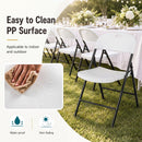 DirectDeals Foldable Plastic Dining Chairs Set of 6 with Ergonomic Backrest are arranged around a festive outdoor table. Inset highlights easy cleaning and space-saving design.