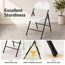 The Foldable Plastic Dining Chairs Set of 6 with Ergonomic Backrest by DirectDeals is shown in white with black metal legs. Detail images highlight sturdy legs, ergonomic back, and non-slip pads. “Excellent Sturdiness” text appears.
