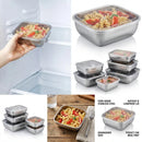 Collage of Lovely Home Icon 5PCS Stainless Steel Food Storage Containers Stackable Meal Prep Lunch Boxes, shown stacked, in use, and storing pasta. Labels highlight they’re airtight, leakproof, dishwasher safe, and ideal for meal prep. These reusable containers are perfect for an organized and sustainable kitchen, making them an excellent storage solution for fridge, travel, or daily use.