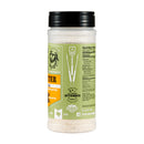A plastic shaker bottle of War Pig Sgt. Butter BBQ Rub by WarPig BBQ, an all-purpose seasoned salt with buttery flavor, featuring a label with a bearded man in a helmet, nutrition facts, and icons for gluten-free and made in the USA.