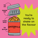 Diagram of a Spicewalla Apple Pie Spice tin with labeled parts: tin lid, shaker top, loose spice, and tin bottom. Beside it, text reads: You’re ready to shake on the flavour—perfect for Fall Baking with Spicewalla Apple Pie Spice—on a pink and yellow background.