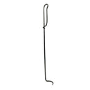 The Fox Run Brands 17.5 Inch Pigtail Meat Flipper, featuring a hooked end and curved handle, stands upright against a white background—ideal for precise steak control.