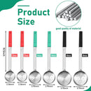 The Amazon 6 Pc Portion Control Serving Spoon Set features stainless steel ladles with colorful handles in 2oz, 4oz, and 6oz sizes. Displayed vertically, close-ups showcase their quality steel rods and superior material—ideal for meal prep or portion control.