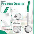 An image shows the Amazon 6 Pc Portion Control Serving Spoon Set, featuring a stainless steel ladle with a green handle, hook for hanging, engraved 4oz/118ml measurement, view of the back, and highlights its compact and durable design.