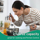 A woman in a striped shirt and apron uses an Amazon 6 Pc Portion Control Serving Spoon Set to serve food from a pot. Text at the bottom reads, 2/4/6 oz capacity—ideal for meal prep and portion control.