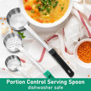 Six Amazon Portion Control Serving Spoons with measurement markings rest on a white surface near soup, dried lentils, and a striped napkin. Text: 6 Pc Portion Control Serving Spoon Set—ideal for meal prep and dishwasher safe.