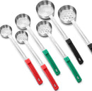 The Amazon 6 Pc Portion Control Serving Spoon Set features three solid and three perforated stainless steel spoons with red, green, and black handles. Arranged in a row, each handle has measurement markings for meal prep and precise serving.