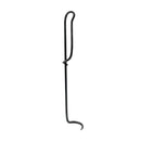 The Fox Run Brands 9.5 Inch Pigtail Meat Flipper for Steaks, featuring a black metal rod with a looped handle, mid-twist, and curved hook, stands upright against a plain white background.
