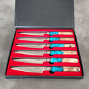 The BBQ Boards® BBQ Blades™ Steak Knife Set includes six knives with stainless steel blades and light brown and turquoise resin handles, presented in a black box with a red interior, shown open on a gray surface.