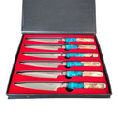 DDR BBQ Supply BBQ Blades steak knife set with blue resin and wood handles in a red-lined storage box