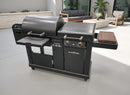 The BBQ Boards® Blackstone Pellet Grill Combo Front or Side Cutting Board by BBQ Boards® is the ideal prep station for your patio grill, pairing perfectly with modern outdoor furniture in the background.