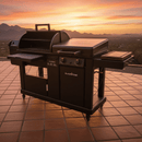 A BBQ Boards® Blackstone Pellet Grill Combo Front or Side Cutting Board makes the ideal prep station on a tiled patio at sunset, with mountains and scenic views in the background.