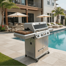 A BBQ Boards® Monument Grills Mesa 405BZ Side Cutting Board is featured on a stainless steel grill on a tiled patio beside a pool, with patio tables, chairs, and large umbrellas outside a modern house surrounded by palm trees.