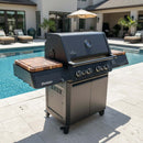 A pair of BBQ Boards® Napoleon Prestige 500 Connected Side Cutting Boards by BBQ Boards® are shown upgraded on a black outdoor gas grill set on a patio beside a pool, with lounge chairs, plants, and an umbrella in the background.