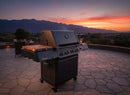 A BBQ Boards® Napoleon Prestige 500 Connected Side Cutting Board by BBQ Boards® is featured on a stone patio at sunset, with mountains, a colorful sky, patio furniture, and drinks in the background.