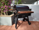 A pair of BBQ Boards® Traeger Ironwood 885 Front & Side Cutting Boards from BBQ Boards® are featured on a sunlit patio grill, holding spice jars for convenient barbecue prep. Flowers and greenery accent the space near a white fence and covered walkway.