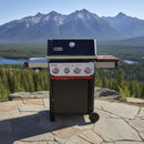 A BBQ Boards® Weber Spirit Reinvented Side Cutting Board sits on a gas grill, set on a stone patio with views of pine trees, a lake, and mountains under a clear blue sky.