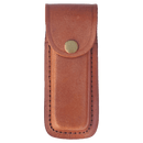 The Bison River Leather Folding Knife Sheath, designed for knives up to 5" closed, features black stitching and a brass snap closure. This brown sheath from Bison River is shown against a plain white background.