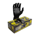 A Crawford Black Mamba XXL Black Food Prep Glove is shown on a hand model behind a yellow and black box displaying glove images, website info, and the label "100 Count.