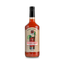 A bottle of Bourbon Barrel Foods Barrel Aged & Bourbon Smoked Bloody Mary Mix with a beige label, a Bloody Mary illustration garnished with lime and celery, black text on a red banner, and a black cap.