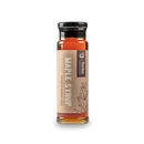Bourbon Barrel Foods Bourbon Barrel Aged Maple Syrup is shown in a clear glass bottle with a tan leaf-illustrated label and black cap, highlighting Kentucky’s rich maple flavor against a white background.