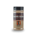 A clear plastic shaker bottle from Bourbon Barrel Foods, labeled "Bourbon Smoked Benne Seeds," features a black lid, smoky southern sesame flavor notes, brown and gold text, and a bourbon barrel logo on a white background.