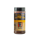 A clear plastic jar labeled Bourbon Barrel Foods Bourbon Smoked Chili & Coffee Rub, with a black lid and images of coffee beans and peppers. Ideal as a smoky BBQ rub or seasoning. Net weight: 6 oz (238 g). Brand: Bourbon Barrel Foods.