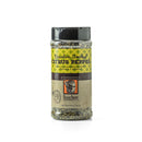 A clear plastic spice jar labeled Bourbon Barrel Foods Bourbon Smoked Citrus Pepper features a black lid, brown and yellow label with bourbon barrel and citrus graphics—ideal for grilled meats or as smoky citrus seasoning.